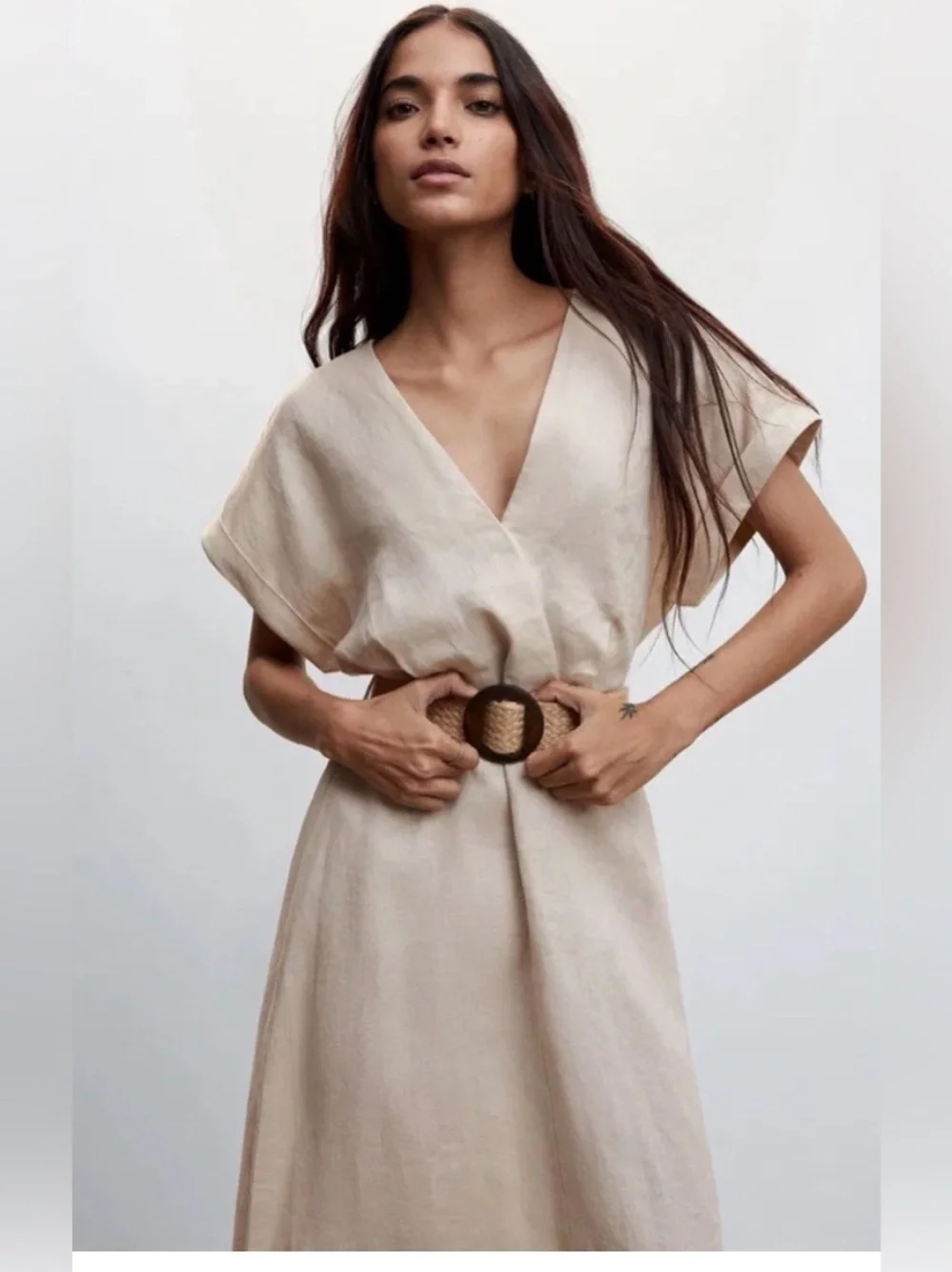 MNG Beige Linen Dress with Woven Belt